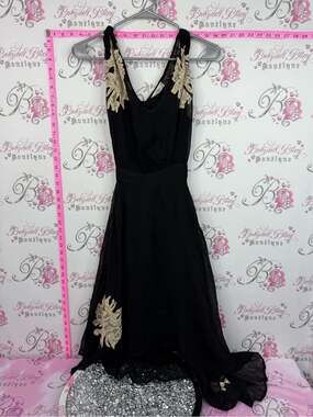 TEMPERANCE DRESS Black Sleeveless Dress with Gold Lace Appliqué